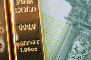 Macro shot of shiny bullion ingot gold bar on Euro banknote using as wealth investment or savings in financial crisis