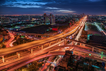 Fototapeta premium Street Junction and Express Way of Bangkok, Thailand. Landmark and Cityscape Skyscraper Buildings at Night Scene., Beautiful Architecture Landscape and Metropolis City Lifestyles of Bangkok.