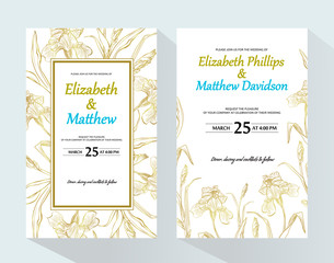 Wedding invitation with iris flower. Garden flowers. Vector decorative greeting card or invitation design background