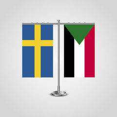 Table stand with flags of Sweden and Sudan.Two flag. Flag pole. Symbolizing the cooperation between the two countries. Table flags