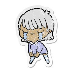distressed sticker of a cartoon woman crying