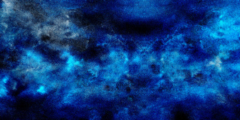 Cosmic neon light blue watercolor background. Paper textured aquarelle deep black canvas for modern creative design. Thunder storm lightning night sky texture multicolor water color paint illustration