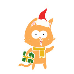 funny flat color illustration of a cat wearing santa hat