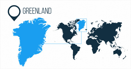 Greenland map located on a world map with flag and map pointer or pin. Infographic map. Vector illustration isolated on white background.