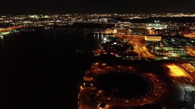 Aerial Video of Camden New Jersey Waterfront at Night