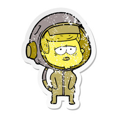 distressed sticker of a cartoon tired astronaut