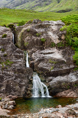 Falls of Glencoe waterfall at the Meeting of Three waters at the foot of Three Sisters mountains of Glen Coe Scottish Highlands Scotland