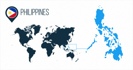 Philippines map located on a world map with flag and map pointer or pin. Infographic map. Vector illustration isolated on white background.