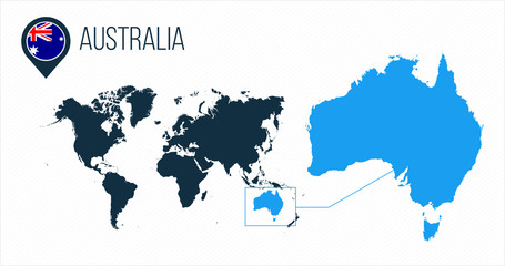 Fototapeta premium Australia map located on a world map with flag and map pointer or pin. Infographic map. Vector illustration isolated on white background.