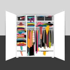 Open wardrobe, closet overflowing with clothes, untidy, mess. Vector cartoon illustration.
