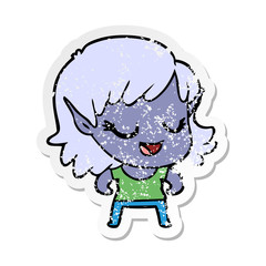 distressed sticker of a happy cartoon elf girl
