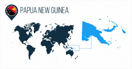 Papua New Guinea map located on a world map with flag and map pointer or pin. Infographic map. Vector illustration isolated on white background.