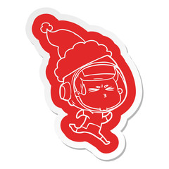 cartoon  sticker of a stressed astronaut wearing santa hat