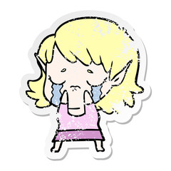 distressed sticker of a cartoon crying elf girl