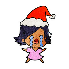 textured cartoon of a woman crying wearing santa hat