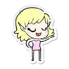 distressed sticker of a happy cartoon elf girl