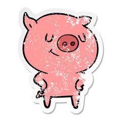 distressed sticker of a happy cartoon pig