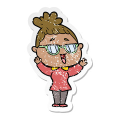 distressed sticker of a cartoon happy woman wearing spectacles