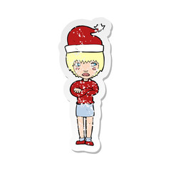 retro distressed sticker of a cartoon woman ready for christmas