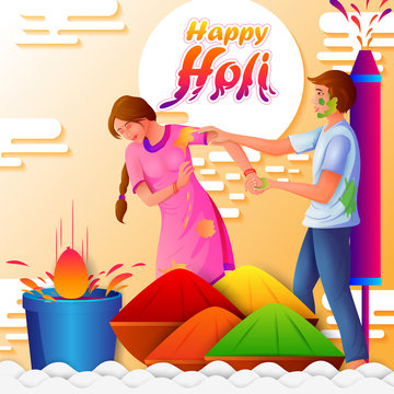 vector illustration of Indian people playing India Festival of Color Happy Holi background