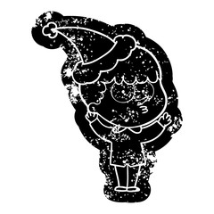 cartoon distressed icon of a curious boy wearing santa hat