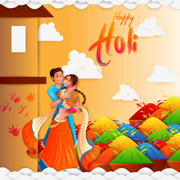 vector illustration of Indian people playing India Festival of Color Happy Holi background