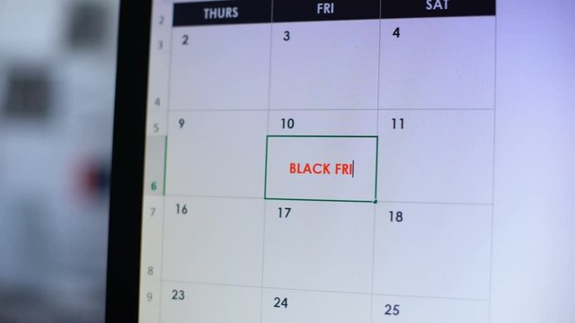 Black Friday scheduled in online calendar, person planning big shopping, sales