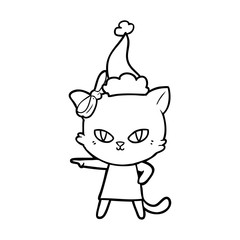 cute line drawing of a cat wearing dress wearing santa hat
