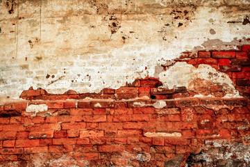 Old red brick wall texture background with cement building vintage style