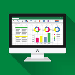 Spreadsheet on Computer screen flat icon. Financial accounting report concept. office things for planning and accounting, analysis, audit, project management, marketing, research vector illustration.