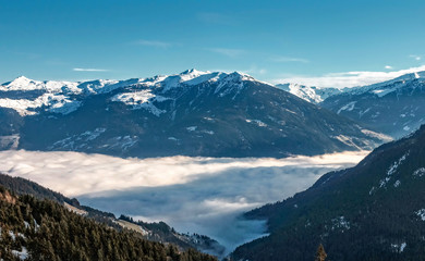 winter in Alps, Kaltenbach ski resort in Fuegen, Zillertal valley