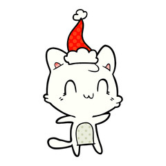 comic book style illustration of a happy cat wearing santa hat