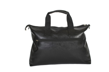 Black leather bag on white background