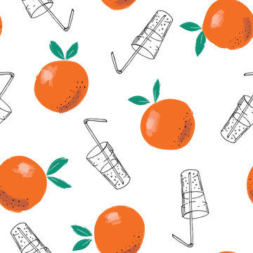Whimsical hand-painted oranges and doodle juice glasses vector seamless pattern background. Line Art Summer Fruits