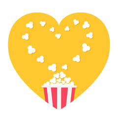 Popcorn popping. Heart shape frame. Red yellow strip box. I love inema movie night icon in flat design style. Yellow background. Isolated.