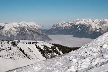 Fototapeta na wymiar winter in Alps, Kaltenbach ski resort in Fuegen, Zillertal valley