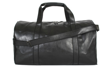Black leather bag on white background