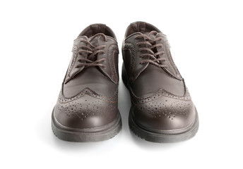 Pair of stylish male shoes on white background