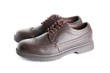 Pair of stylish male shoes on white background