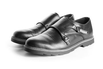 Pair of stylish male shoes on white background