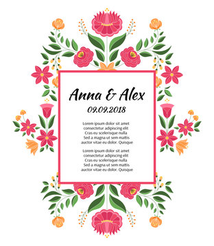 Vintage flowers wedding save the date card template vector. Hungarian folk pattern. Kalocsa embroidery floral ethnic ornament. Border frame for summer fashion poster, marriage invitation party.