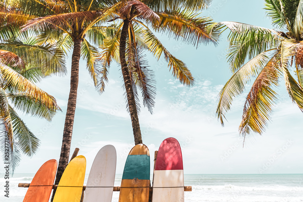 Canvas Prints surfboard and palm tree on beach background.