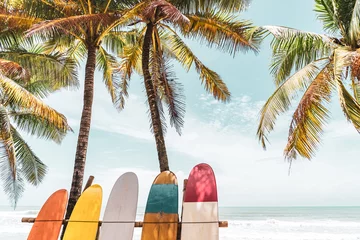 Foto op Aluminium Surfboard and palm tree on beach background. © tonktiti
