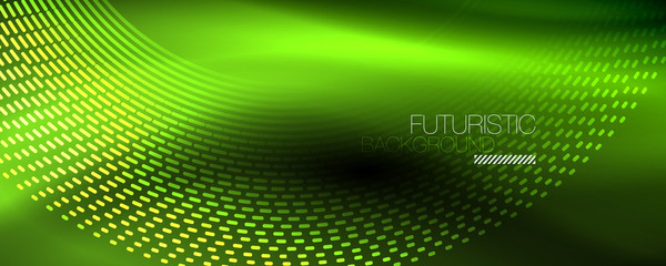 Glowing light particles in dark neon space, magic glow shiny abstract background