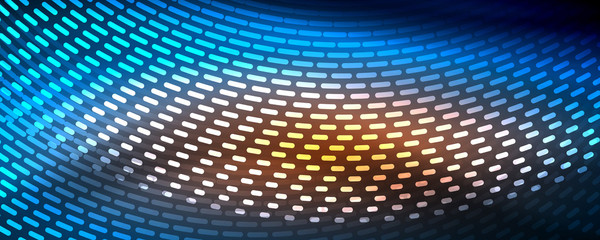 Glowing light particles in dark neon space, magic glow shiny abstract background