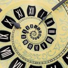 Yellow retro old clock spiral abstract background. Antique clock fractal background. Time spiral surreal clock.