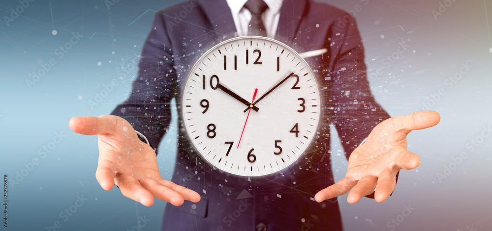 Poster man holding a clock timer 3d rendering