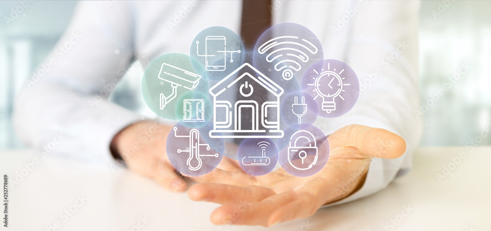 Aufkleber businessman holding smart home interface with icon, stats and data 3d rendering