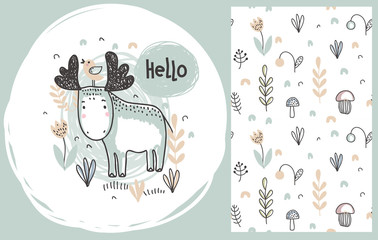 Vector set of cute hand drawn moose and seamless pattern