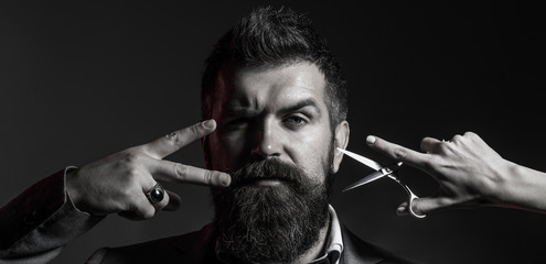 Mens haircut. Barber scissors. Long beard. Bearded man, lush beard, handsome. Handsome bearded. Hipster, brutal man. Mens haircut. Vintage barbershop, shaving. Sexy men.